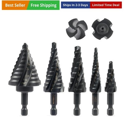 Step Drill Bit Set, 5PCS Four Spiral Flute Step Bits for Metal, 50 Sizes Tita...