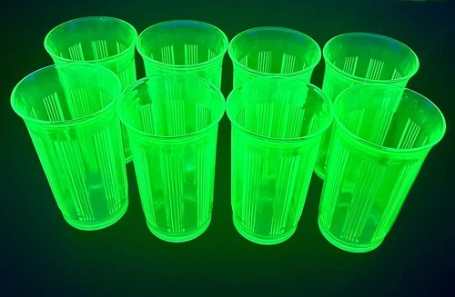 Lot of 8 Green Uranium Vaseline Depression Bar Juice Glasses Colonial Knife Fork