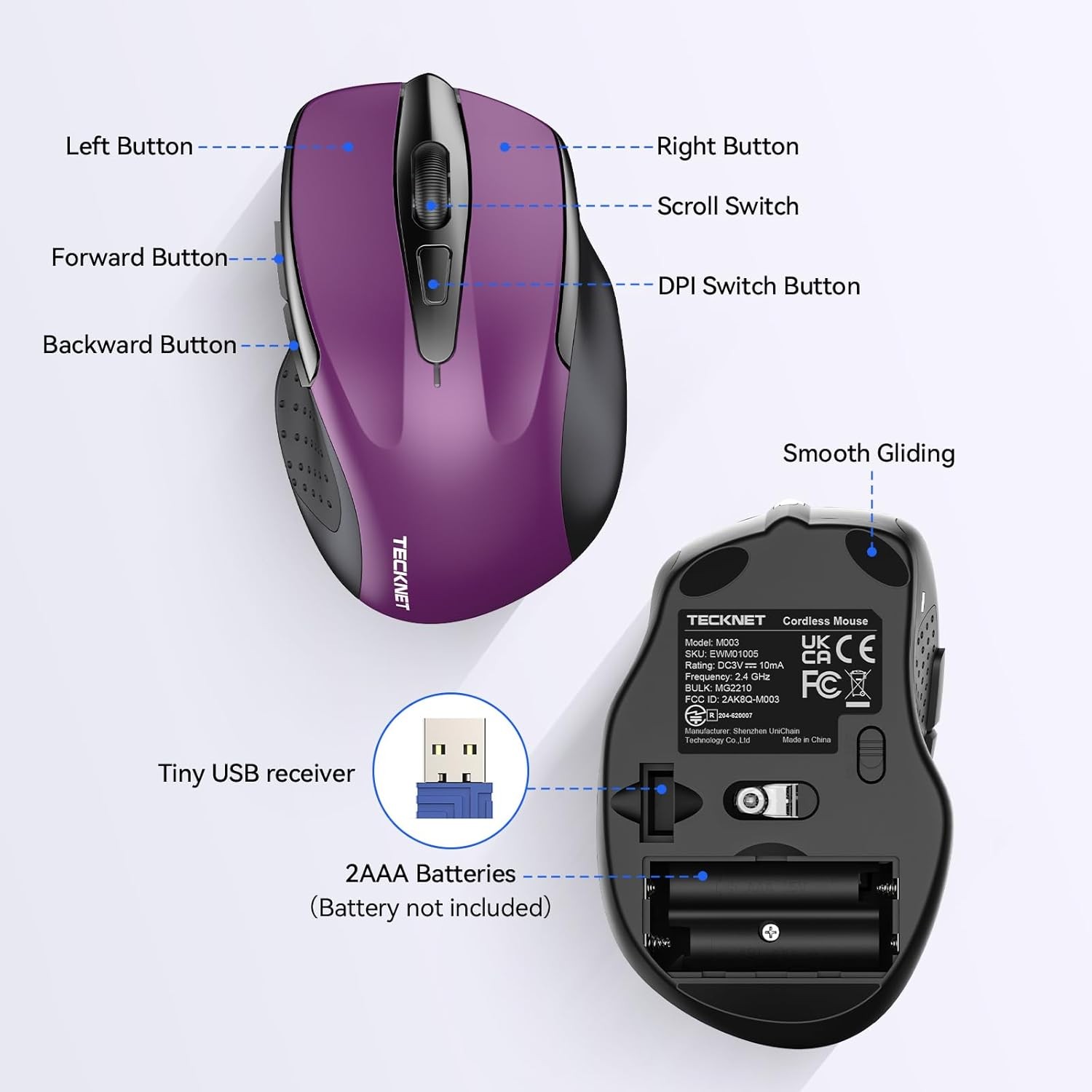 TECKNET Wireless Mouse, 2.4G Ergonomic Optical Computer Mouse Purple 