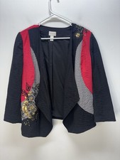 Chico's Black Red Floral Sequin Open Front Lagenlook Blazer Jacket Womans Size 1