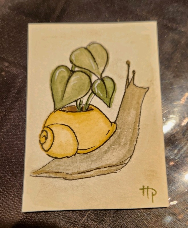 aceo art card original watercolor - Slow Growth - hopep_art - Snail with plant