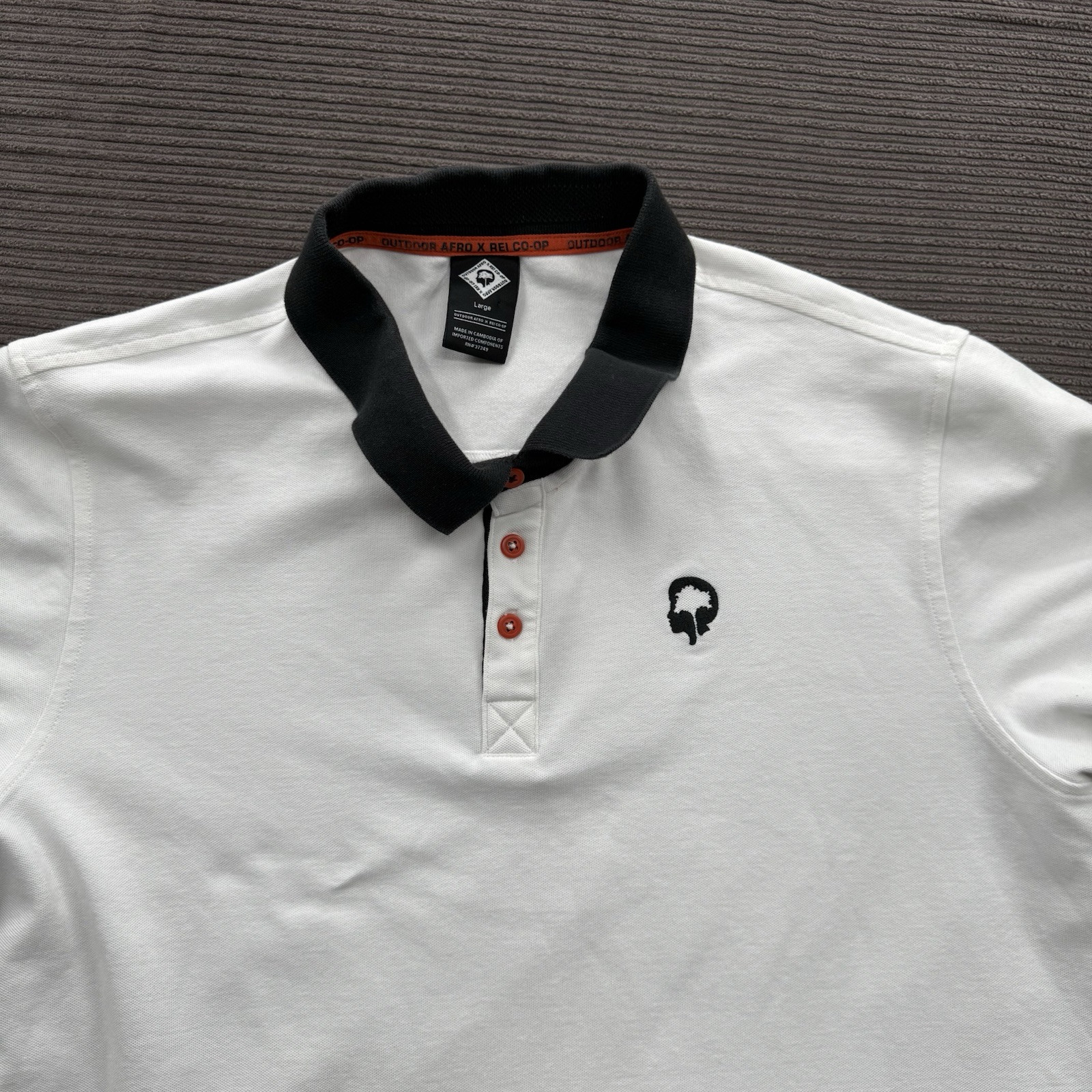 Outdoor Afro X REI Co-op Polo Shirt Men Large White Black Cotton Golf Tennis.