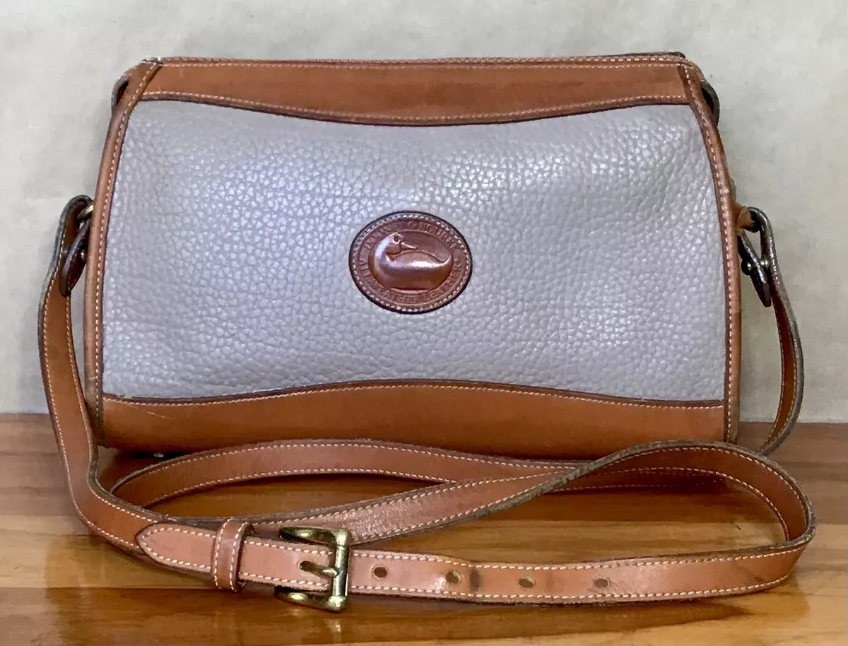Vintage 90s Dooney Bourke Duck AWL Taupe Leather Zip Top Medium Crossbody Bag