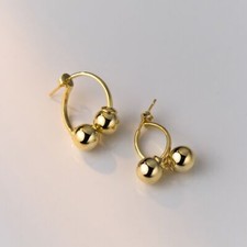 Woman REAL S925 Sterling Silve Beaded Ball Glossy Earring Stud Drop Dangle