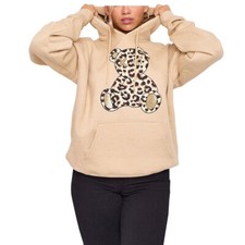 Womens Oversized Leopard Print Teddy Bear Graphic Hoodie Sweatshirt Baggy Jumper