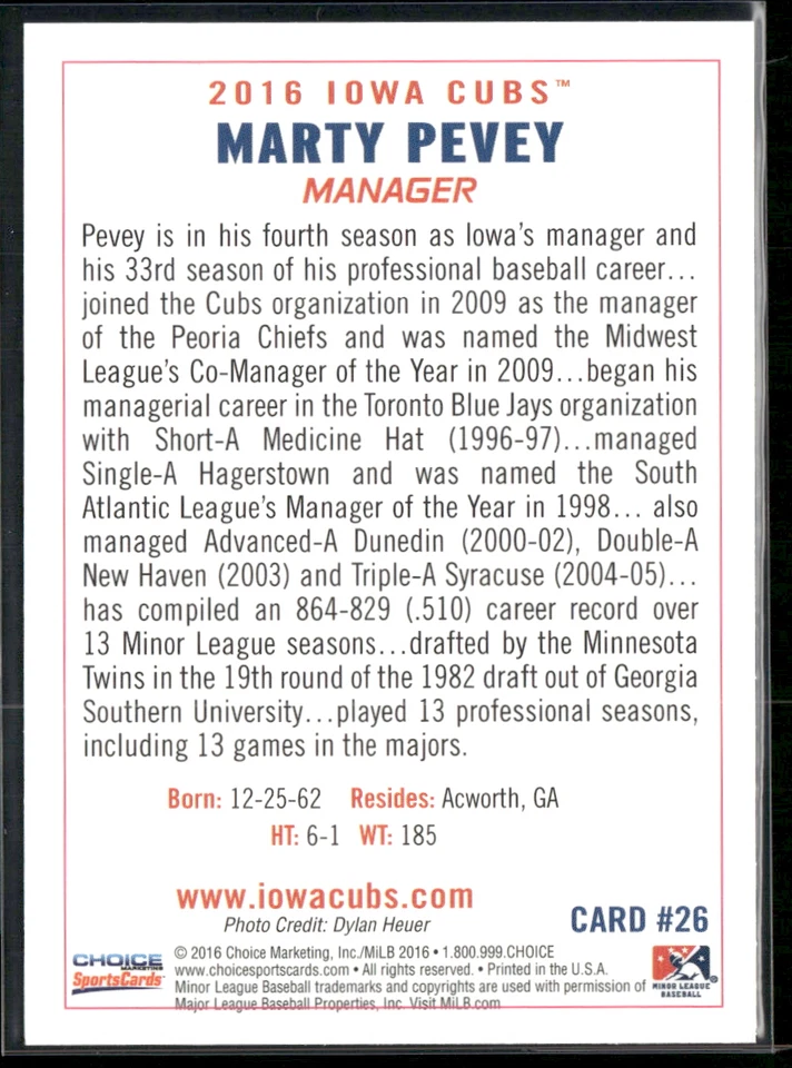 Marty Pevey 2016 Iowa Cubs Team Set - Image 2 of 2