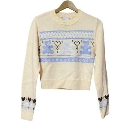 Acme de La Vie Ivory Nordic Bear Sweater Womens XS NWT Detailed Hearts & Bears