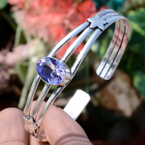 Faceted Purple Amethyst Man's Bracelet 925 Sterling Silver Cuff Man's Bangles - Picture 10 of 14