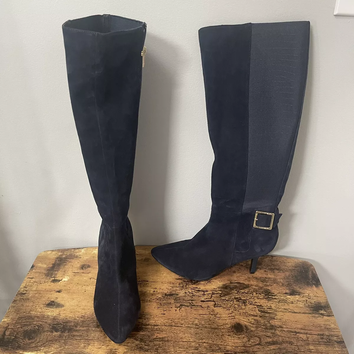 Calvin Klein Boots Julietta Blue Suede Leather Knee High Women s 8 WIDE CALF