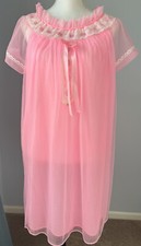 Pink Barbiecore Nightgown Medium Nylon Double Chiffon Sheer Lace Bows Vintage