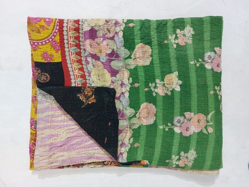 Indian Handmade Green Floral Vintage Kantha Quilt Cotton Blanket Gudari Throw