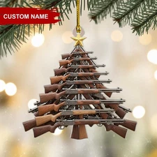 Hunting Rifle Tree Christmas 2D Flat Ornament, Rustic Gun-Themed Tree