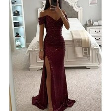 Women Off Shoulder Sequin Mermaid Prom Dress Long Slit Formal Evening Party Gown