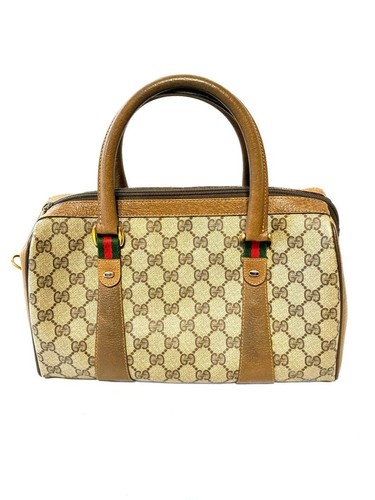 Gucci Vintage GG Sherry Mini Boston Hand Bag Beige Multicolor PVC Leather Used