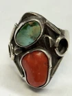 Vintage Silver Ring With Turquoise And Coral Accents Size 12.5