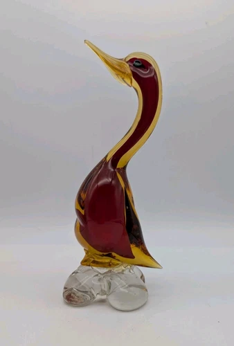 Murano Large Amberina Art Glass Duck Bird Orange Red Vintage