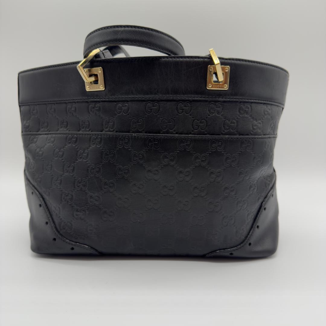 Gucci GG Leather Tote Bag Black Gold Embossed Logo Authentic Used thumbnail 2