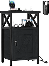 Wooden Nightstand with Charging Station, Bed Side Table Black Door 