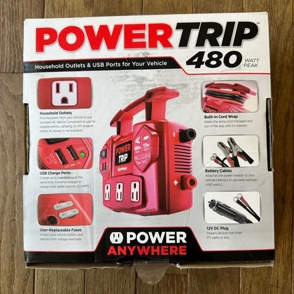 CyberPower NIB PowerTrip 480 Watt Peak AC Mobile Power Inverter 3 Outlets 2 USB - Image 3 of 4