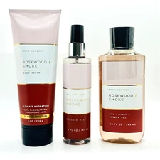 Bath & Body Works ROSEWOOD & SMOKE Shower Gel, Cologne Mist & Body Cream Set