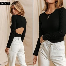 Bohme Noelle Ribbed Open Back Black Bodysuit Medium Long Sleeve Chic Classic
