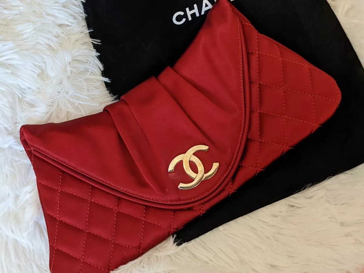 Chanel CC Red Satin Quilted Halfmoon Clutch