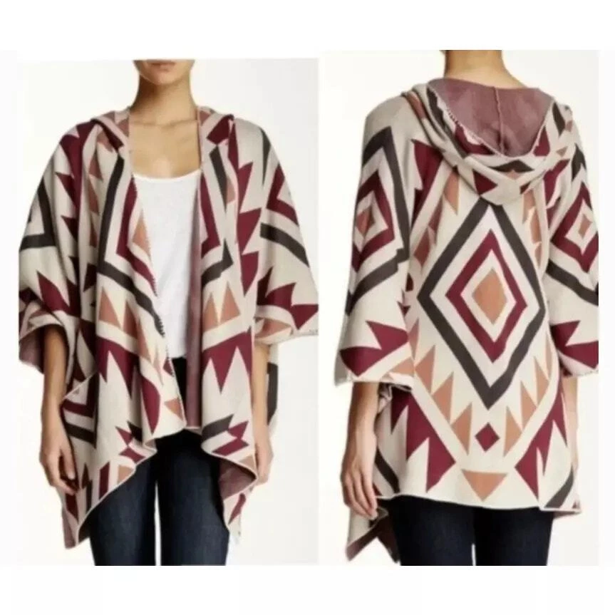 Billabong Boho Aztec Enchanted Days Hooded Cardigan Sweater Poncho Size M