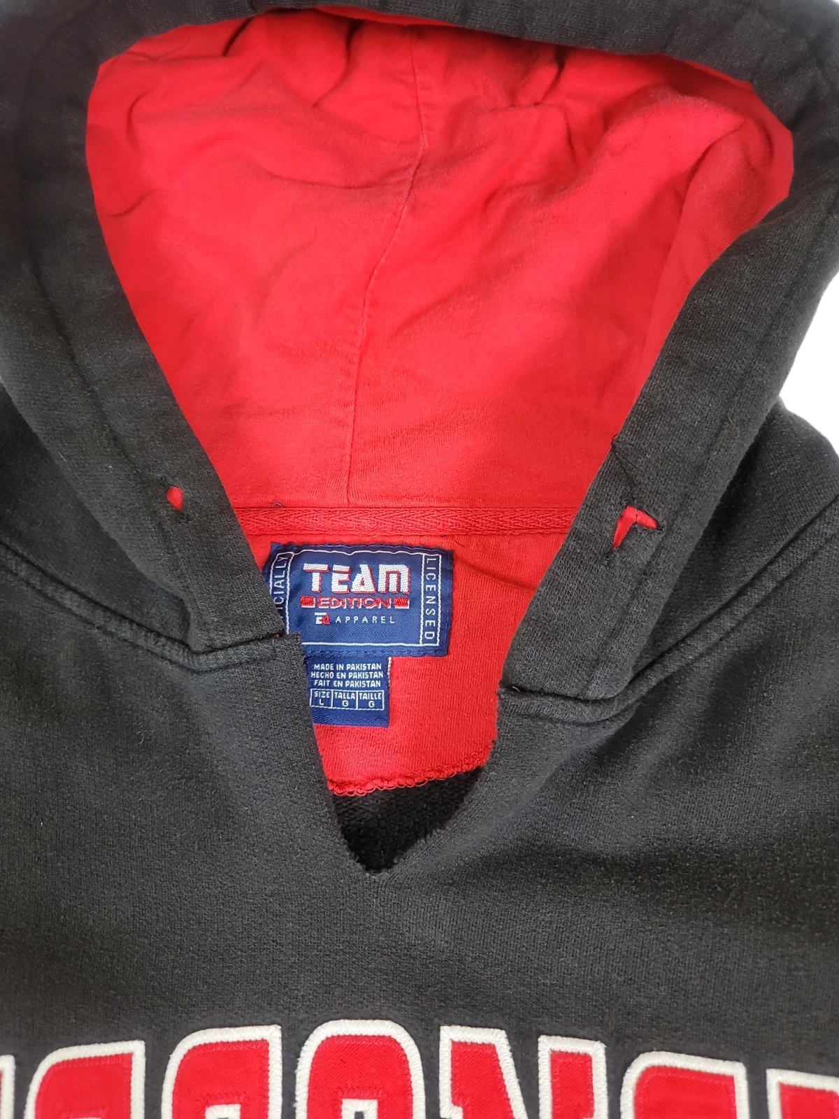 VETEMENTS Felpa con cappuccio nera Wisconsin Badgers taglia large pullover borsa tasca