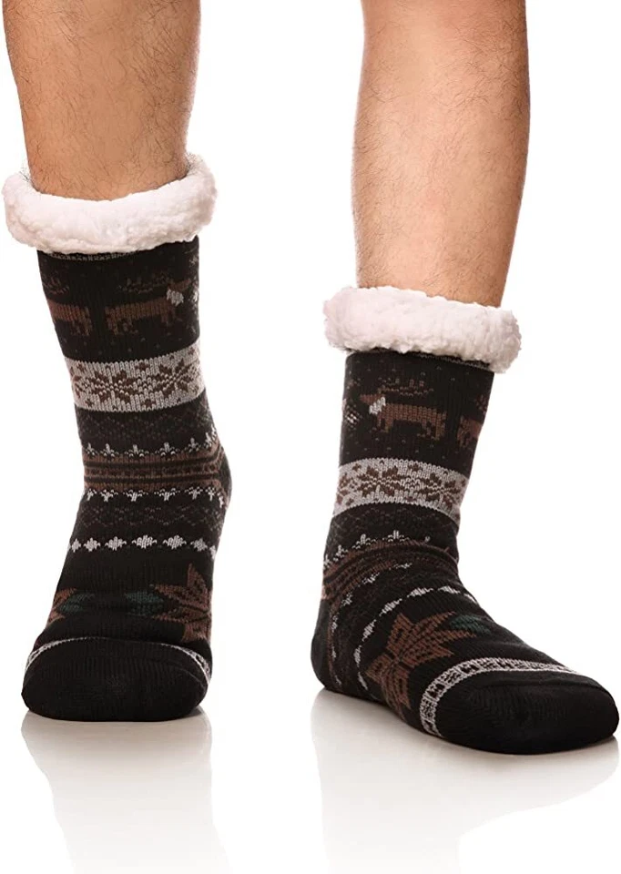 Mens Winter Sherpa Fleece Lined Thick Fuzzy Cozy Thermal Non-Skid Slipper Socks - Image 2 of 4