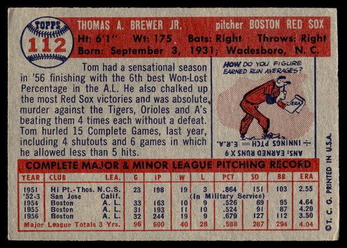 1957 Topps #112 Tom Brewer Boston Red Sox VG-VGEX - Picture 2 of 2