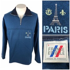 Paris France Mens Large Sweatshirt Vintage 1/4 Zip Eiffel Blue Made In France