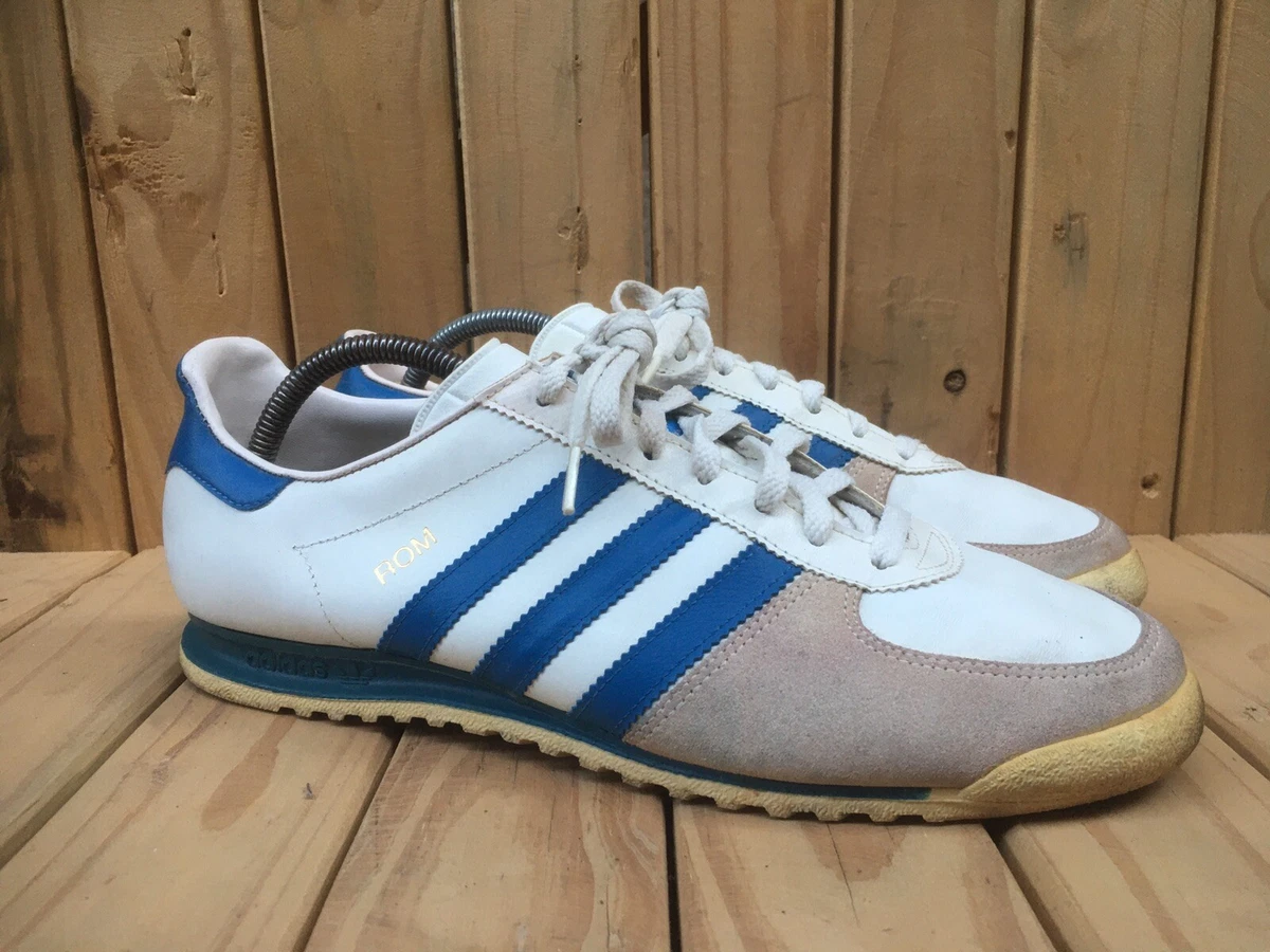 Adidas ROM white Blue Stripped Leather Sneakers Made In USA SIZE