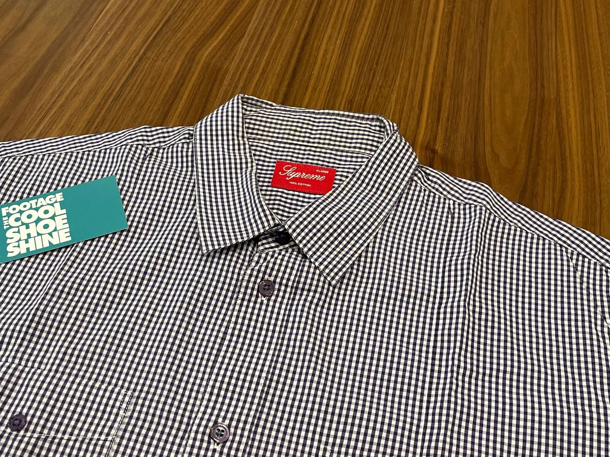 VINTAGE 2000s SUPREME GINGHAM PLAID 4-POCKET S/S BUTTON-UP SHIRT PURPLE WHITE XL