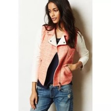 Anthropologie Elevenses Neon Orange Ivory Sleeves Tweed Knit Moto Jacket Sz 2