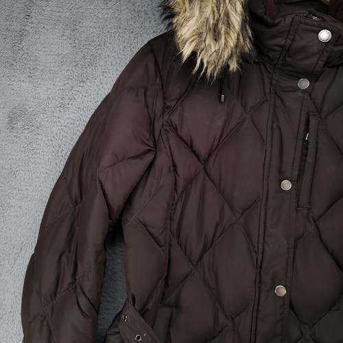 Lands End Coat Jacket Girls 10-12 Brown Down Puffer Faux Fur Hooded Belted - Picture 5 of 22
