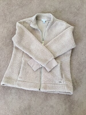 Calvin Klein Womens Tan Beige Sherpa Fleece Full Zip Jacket Size L Gold Accents