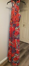 Women size Small halter neck tie back red & green leaf print beach maxi dress