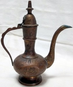 Indian Brass OIL or SURAHI PITCHER Etched Accents HINGED LID