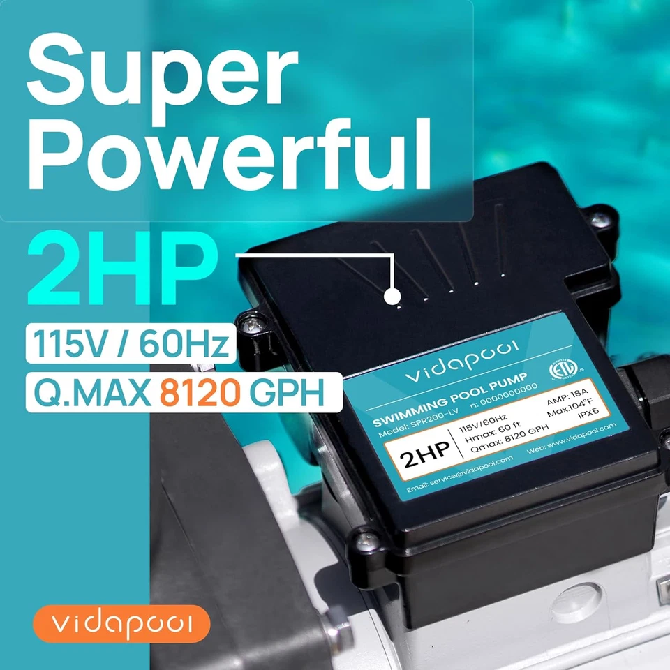 Ground Pool Pump 2HP 8120GPH Self-Priming High Flow Single Speed 115V In/Above - Image 3 of 4