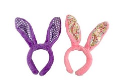 Lot of 2 Faux Fur Easter Bunny Ear Headbands - Pink  Purple Floral Costumes