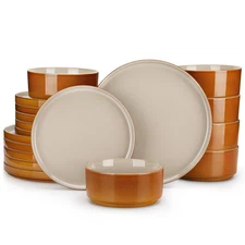 ONION Ceramic Plates and Bowls Sets, 18 Pieces Grey Dinnerware Sets for Kitch...