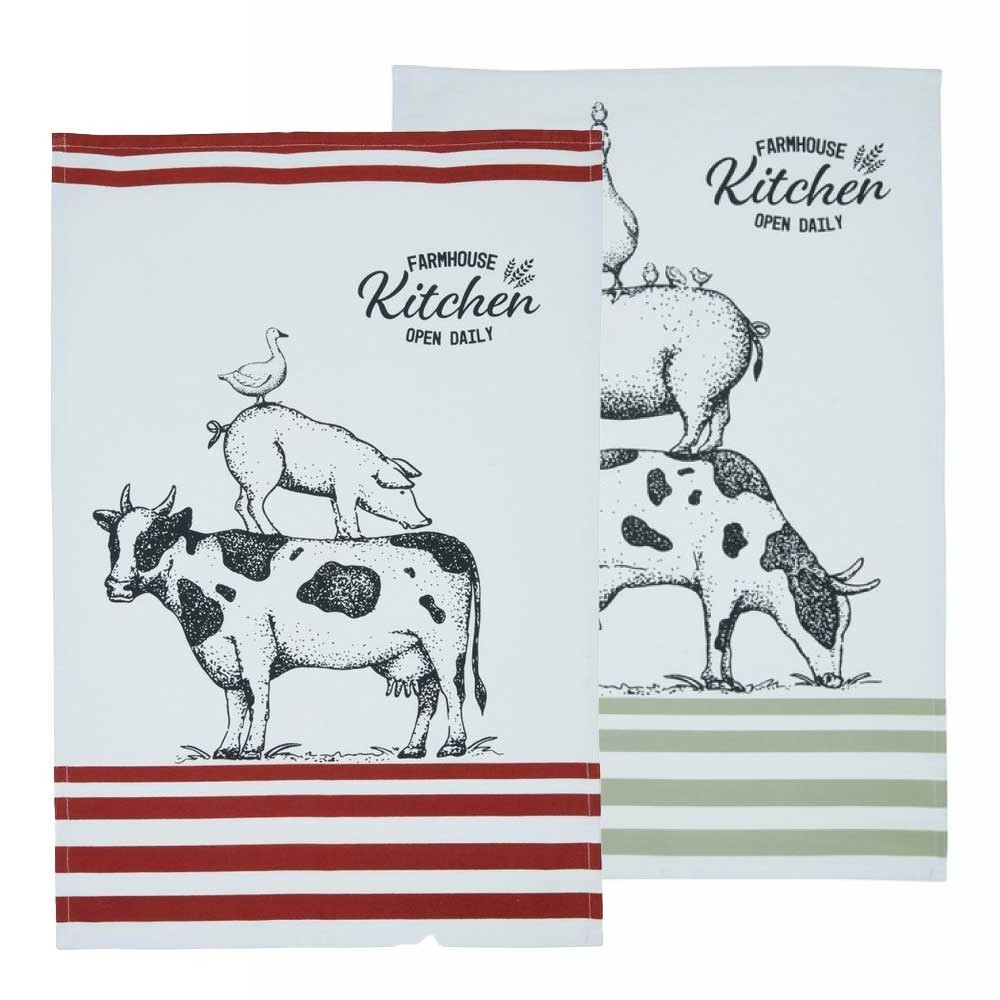 KitchenCraft Tea Towels Pack 2 - 100% Cotton Dish Towels Farmhouse Themed