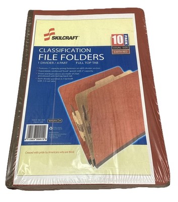 Skilcraft 10 Pk Classification File Folder w/fasteners Legal Size 1 Divider Red