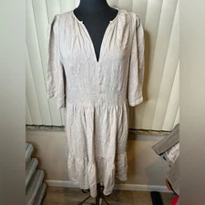 Cynthia Rowley Beige Linen Blend Peasant Tiered Dress Size Large