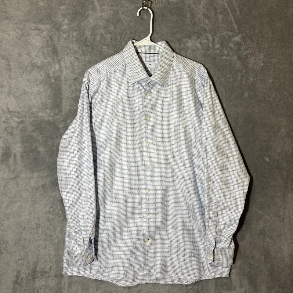 Camisa social Eton 17.5 44 azul ajuste contemporâneo XL algodão manga longa micro xadrez - Imagem 2 de 4