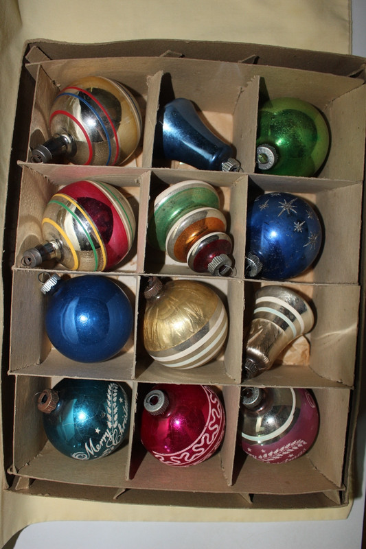 Vntg Shiny Brite Uncle Sam Green Box w/12 Medium Merc Glass Christmas Ornaments