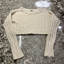 Free People Cream Cable Knit Cropped Sweater Ivory Boho Size XS