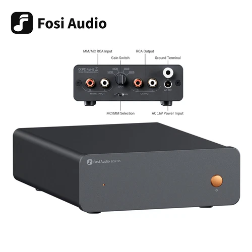 Fosi Audio Box X5 Phono Preamp for MM&MC Cartridge Turntable 4-Level Gain Solid