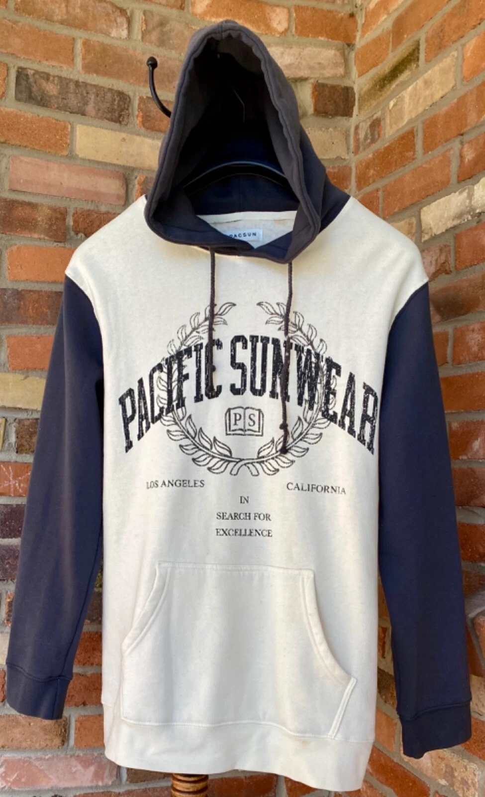 OFF WHITE XCLNT! Felpa con cappuccio pullover Pacific Sunwear Arch logo bianco sporco e marino!