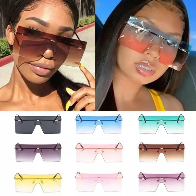 Oversized Square Rimless Sunglasses Women Men Vintage Retro Metal Luxury Shades